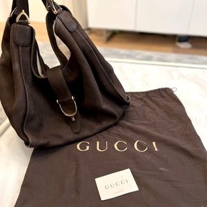 Gucci Flocked Brown Suede Leather Hobo Bag